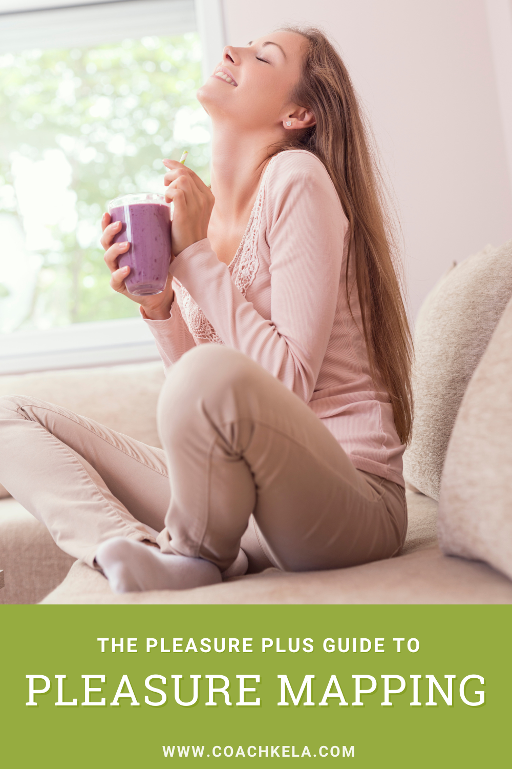 woman sitting on a couch smiling with pleasure