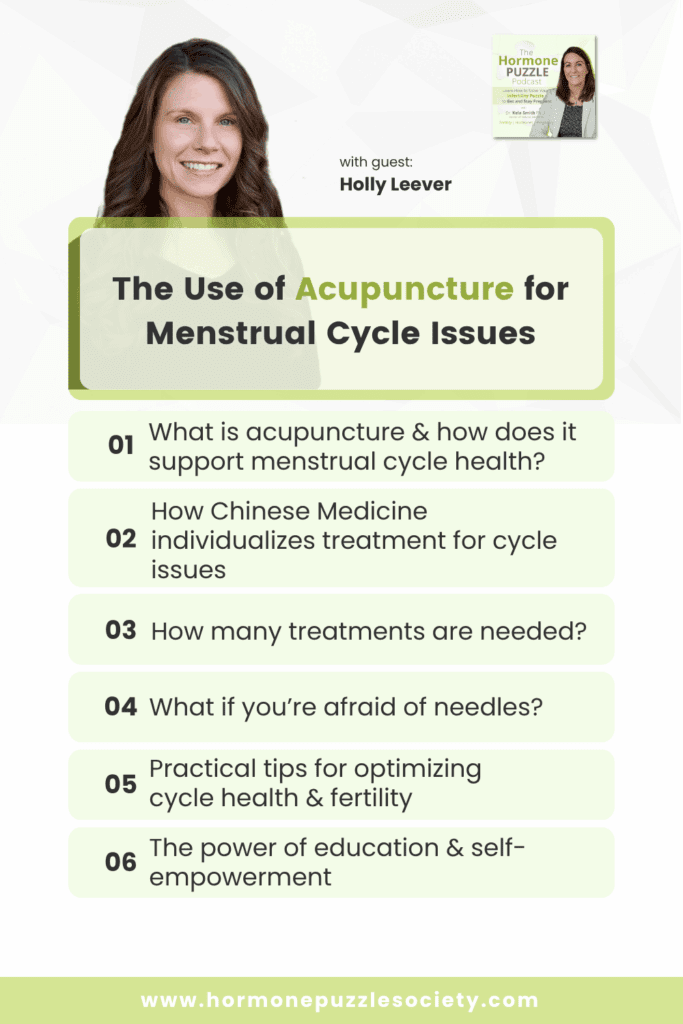 Podcast promotional graphic for The Hormone Puzzle Podcast featuring guest Holly Leever. The title reads “The Use of Acupuncture for Menstrual Cycle Issues.