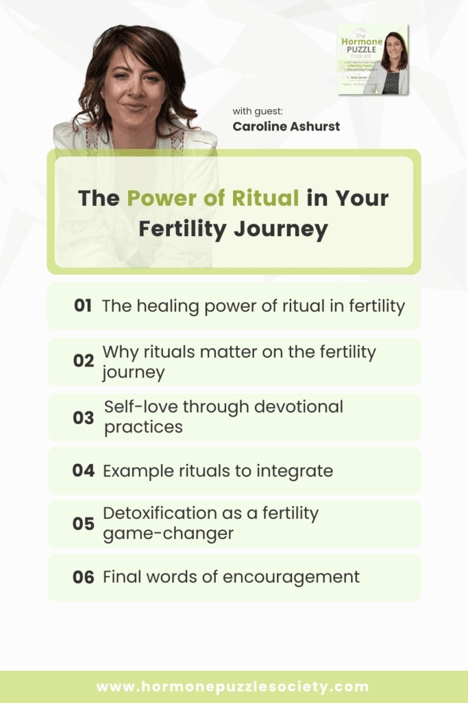 Podcast promotional graphic for The Hormone Puzzle Podcast featuring guest Caroline Ashurst. The title reads “The Power of Ritual in Your Fertility Journey.