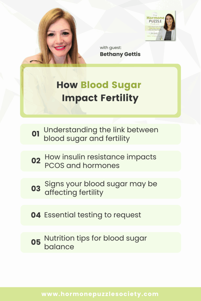 Podcast promotional graphic for The Hormone Puzzle Podcast featuring guest Bethany Gettis. The title reads “How Blood Sugar Impacts Fertility.”
