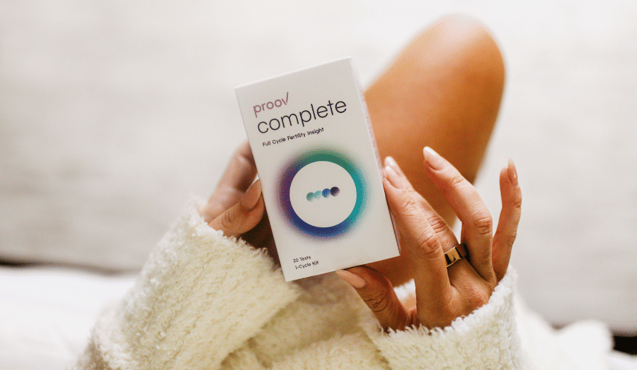 Proov Complete fertility hormone testing kit used for tracking ovulation quality, progesterone levels, and implantation window hormones