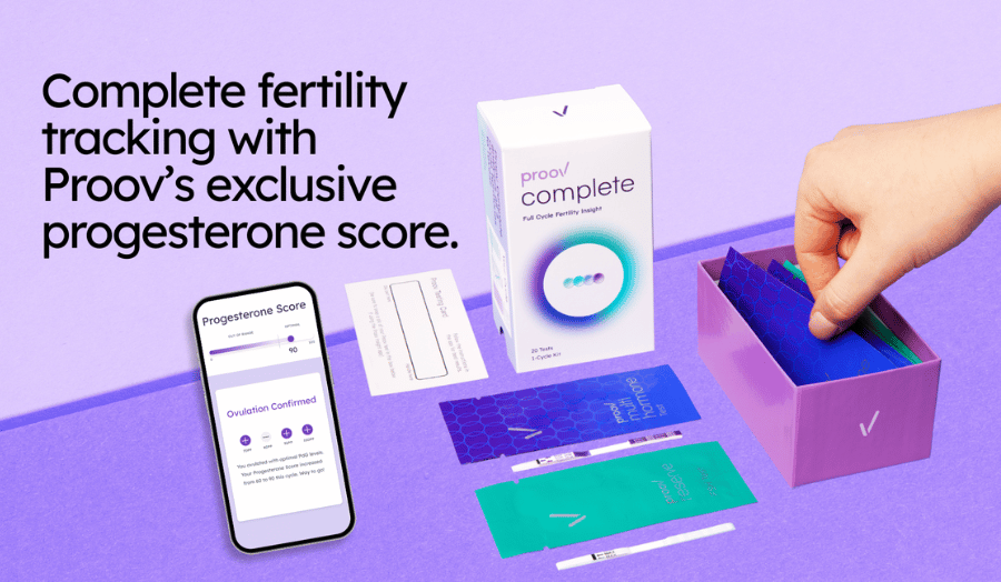 Proov Complete fertility hormone tracking kit with test strips, mobile app progesterone score results, and full cycle hormone monitoring for ovulation and implantation support