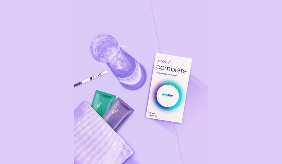 Proov Complete fertility hormone testing kit used to track ovarian reserve, fertile window timing, ovulation confirmation, and hormone balance ratios across the menstrual cycle