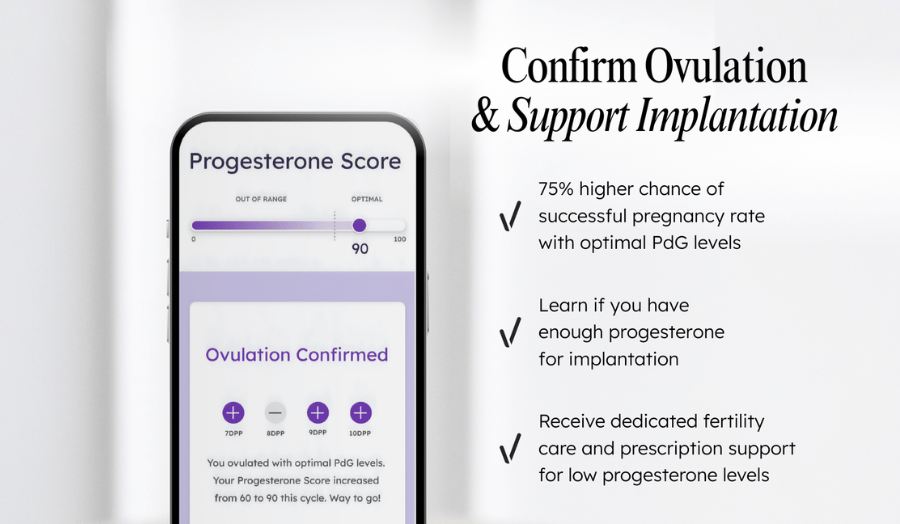Proov fertility app showing progesterone score and ovulation confirmation used to track implantation window hormone levels and fertility health